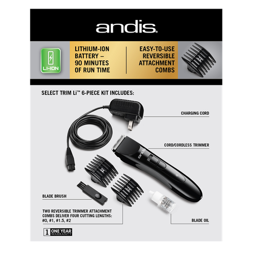 24605 Andis Select Trim Lithium Ion Trimmer 6 Piece Kit, Black, Dual Voltage NEW - TuracellUSA