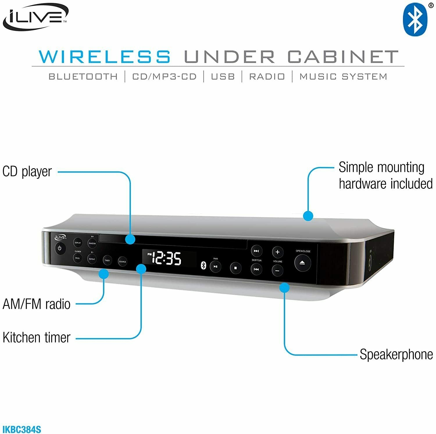 IKBC384S iLIVE Bluetooth Under the Cabinet Radio with CD Player NEW - TuracellUSA