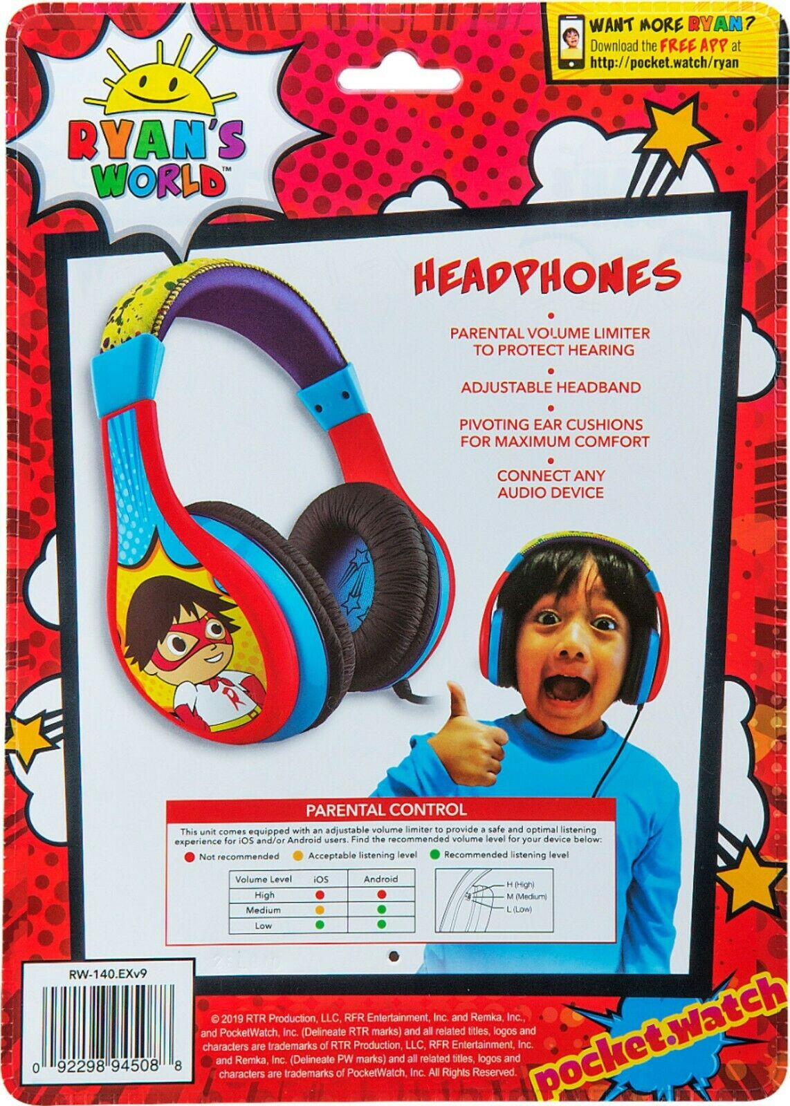RW-140 KID DESIGNS Ryan's World Stereo Headphones NEW - TuracellUSA