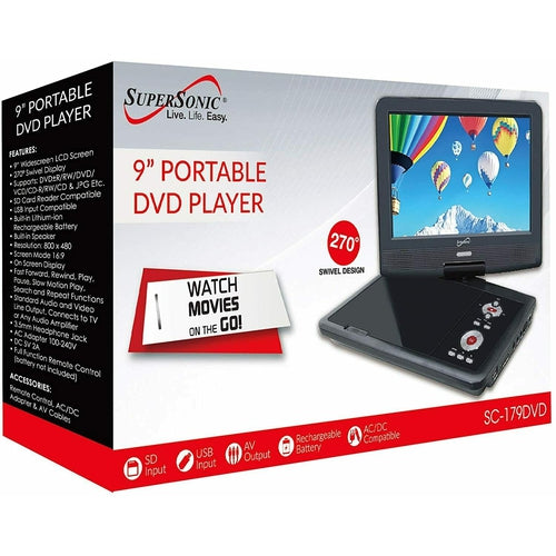 SC179DVD SuperSonic Portable DVD Player 9 High Definition: USB and SD inputs NEW - TuracellUSA