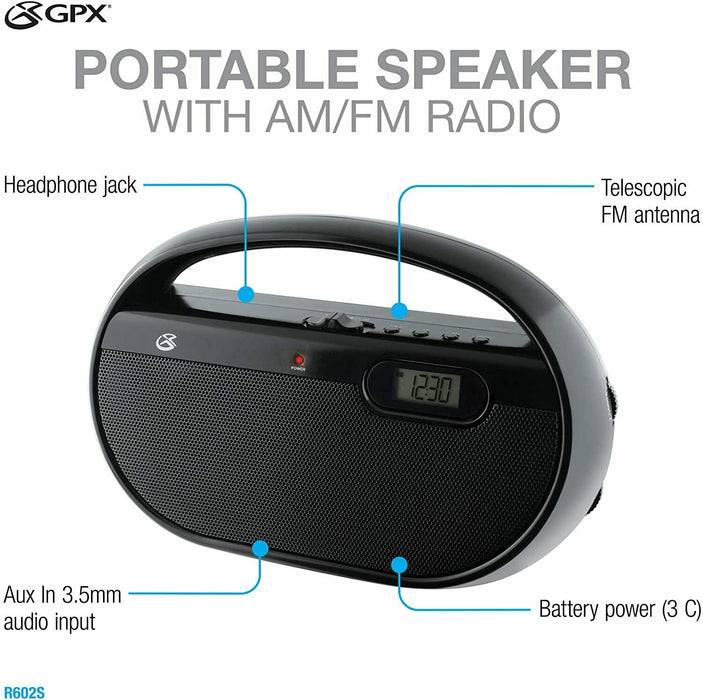 R602B GPX Portable AM/FM Radio with Digital Clock and Line Input - TuracellUSA