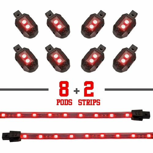 XKGLOW RED 8 PODS 2 STRIPS SINGLE COLOR MOTORCYCLE ATV SNOWMOBILE LED UNDERGLOW - TuracellUSA