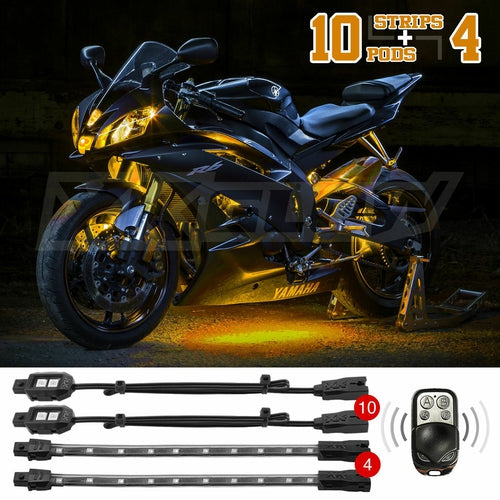 Amber Remote 10 Pod + 4 Strip Motorcycle Underglow Neon Accent Bike Lighting Kit - TuracellUSA