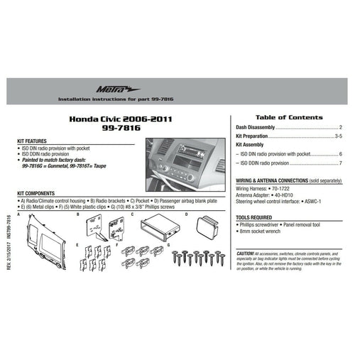 Metra 99-7816G Radio Install Kit for Honda Civic 2006-11 Gunmetal 1-DIN 2-DIN - TuracellUSA